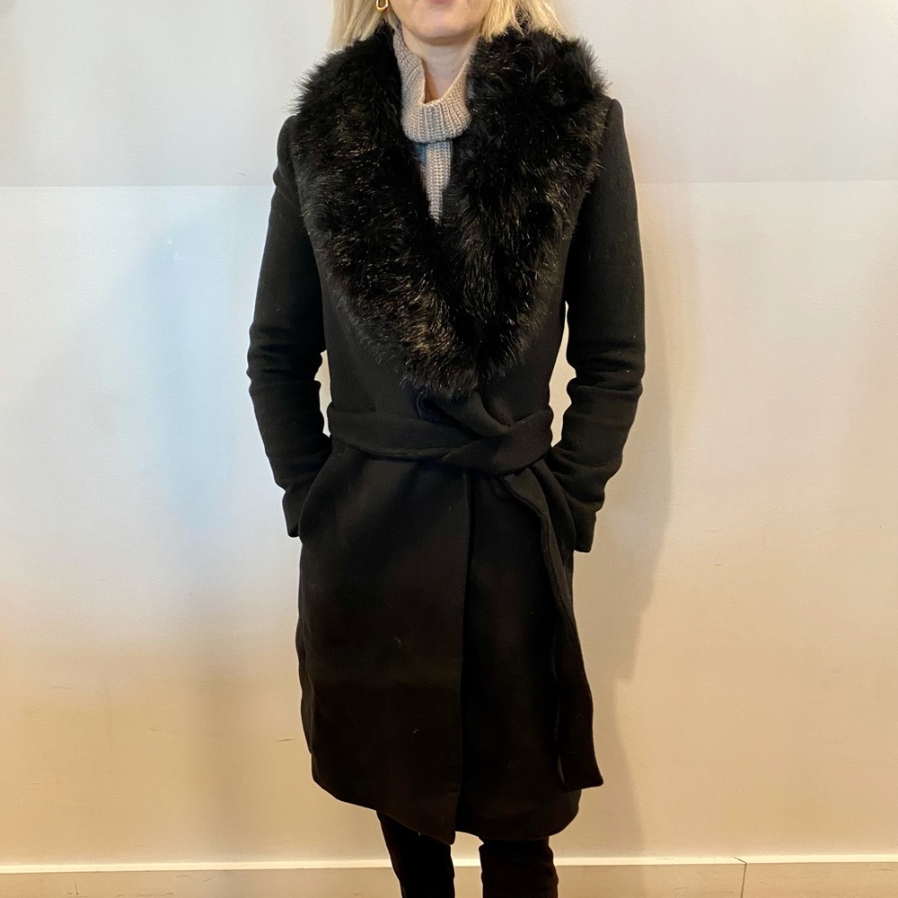 COPY - Black wool Club Monaco coat with faux fur detachable collar